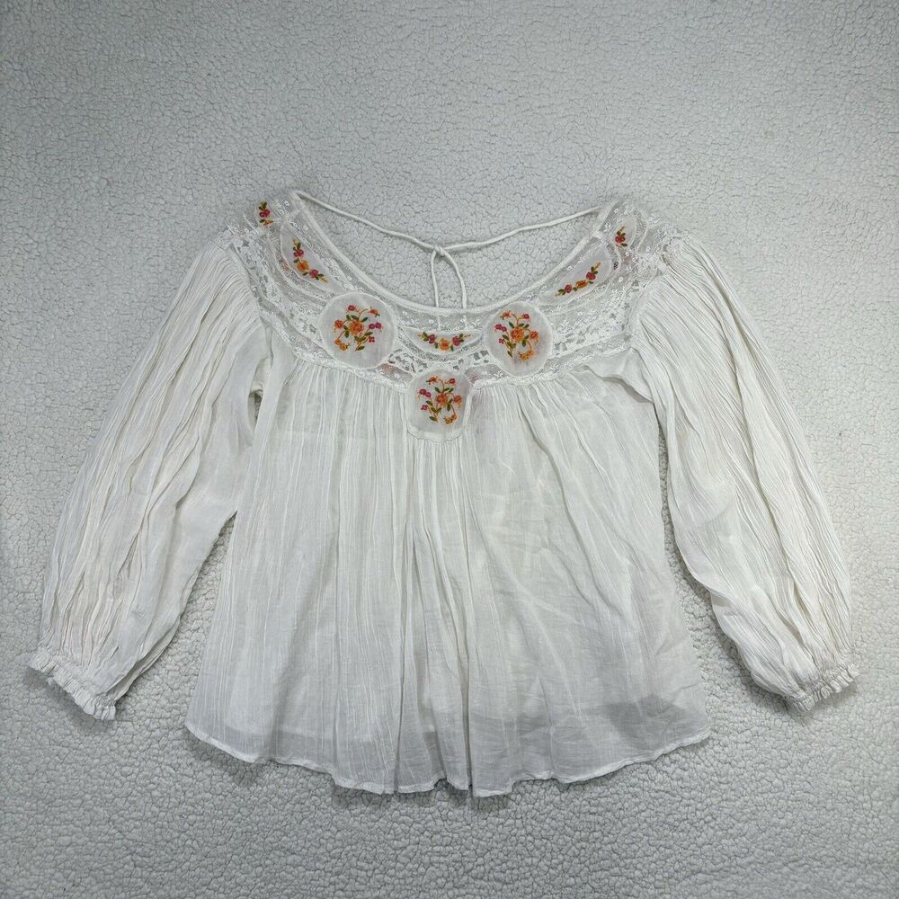 Free People Secret Garden Cotton Embroidered Lace Top Ivory Flowy Open Back XS - Picture 4 of 11